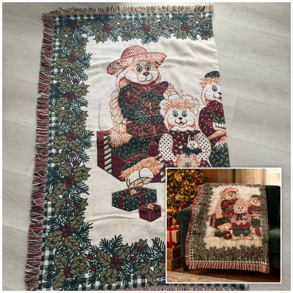 Vtg Goodwin Weaver 100% Cotton Tapestry Throw Blanket 46x52 USA Bear Family EUC